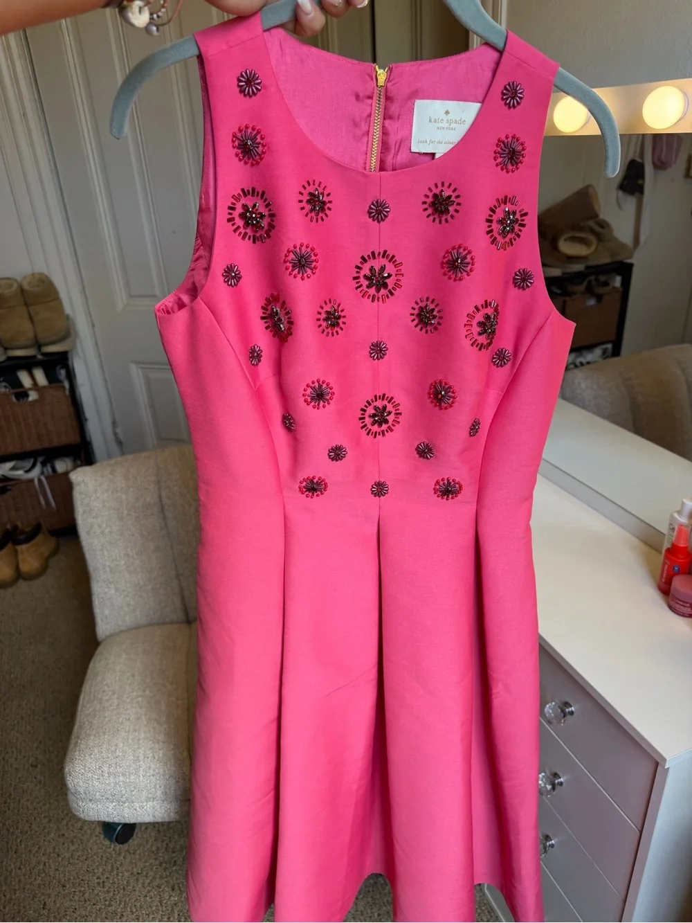 kate spade New York Pink Embellished Fit-and-Flare Dress 17in ptp